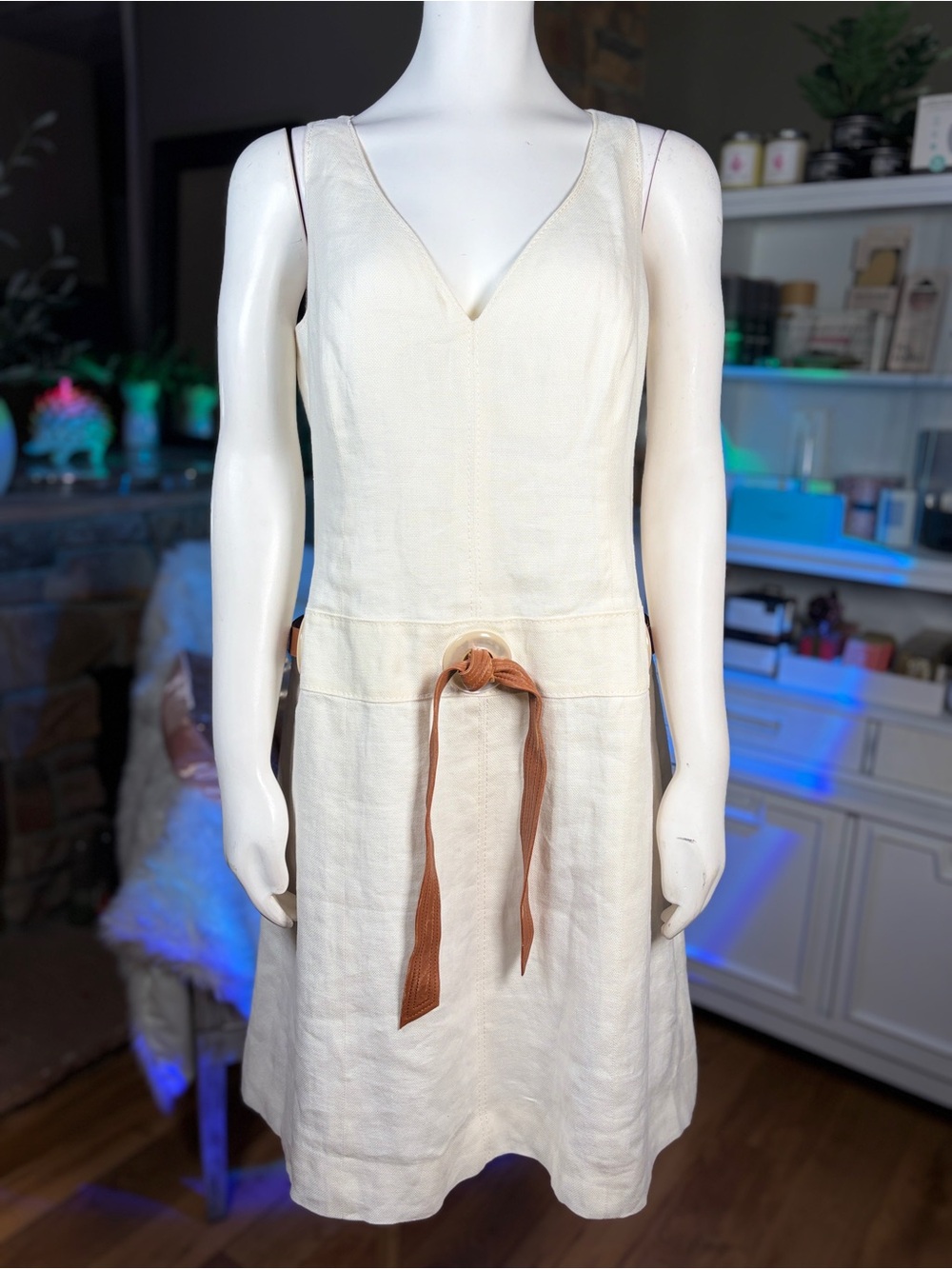 Valentino Cream Linen Sleeveless Drop Waist Dress w/ Resin Loops & Belt, Sz 12
